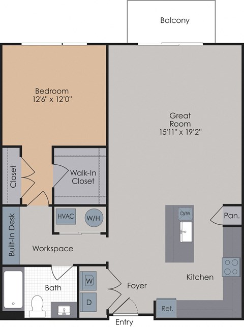 Floor plan for 1 bed, 1 bath, 1007 sqft